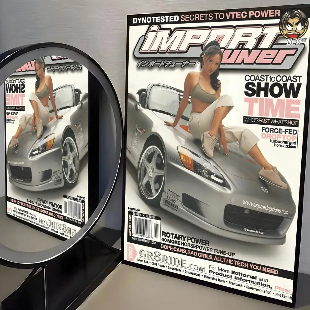 A poster titled Dynotested Secrets to Vtec Power featuring a silver sports car and racing graphics.