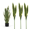 Tres tallos verticales de hojas artificiales de planta de serpiente en verde y amarillo en un tallo delgado.