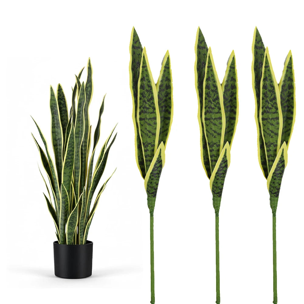 Tres tallos verticales de hojas artificiales de planta de serpiente en verde y amarillo en un tallo delgado.