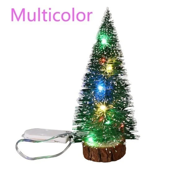 A multicolored LED mini Christmas tree decorated with various colored lights and a snow effect.