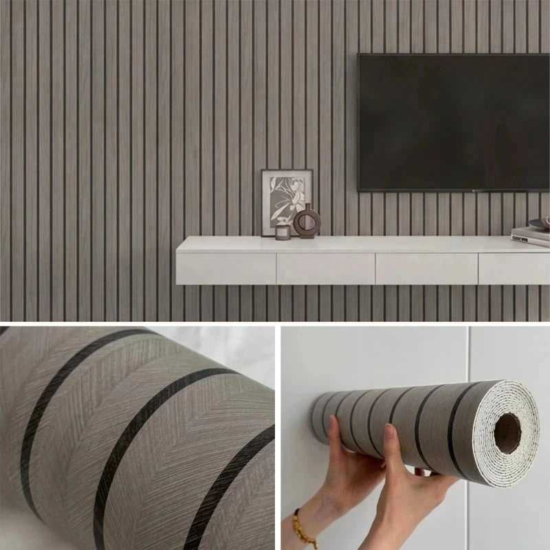 Roll of faux wood grain self-adhesive wallpaper being held by a hand