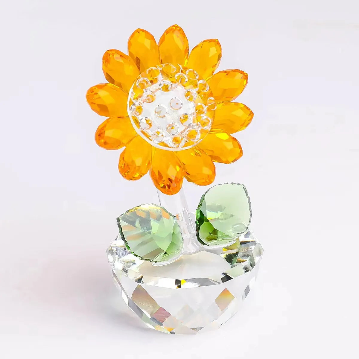 Handcrafted glass crystal sunflower figurine with a bud and a clear base