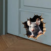 A realistic gray mouse head decal is placed on a white door frame, showing its detailed whiskers and ears.