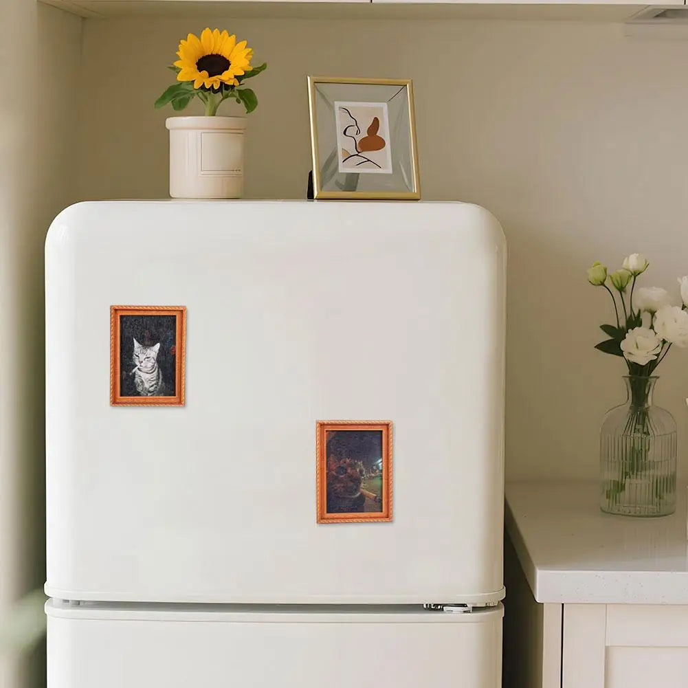 A white fridge magnet featuring a cat smoking, displayed on a kitchen counter.