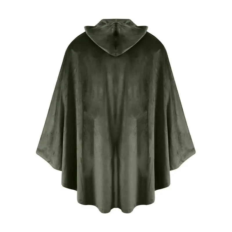 A dark olive green velvet hooded cloak draped over a form.