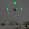 A green stereoscopic digital wall clock displaying the time, mounted on a gray wall above a sofa.