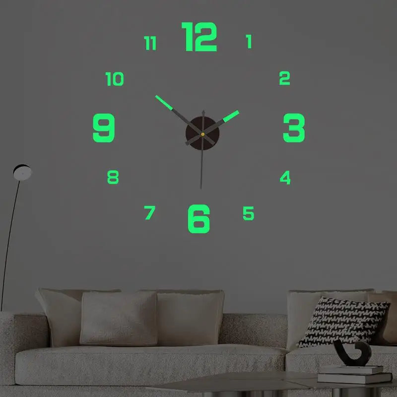 A green stereoscopic digital wall clock displaying the time, mounted on a gray wall above a sofa.