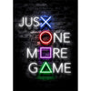 Arte de pared de juego neón con texto brillante que dice JUST X ONE MORE GAME sobre un fondo de ladrillo oscuro
