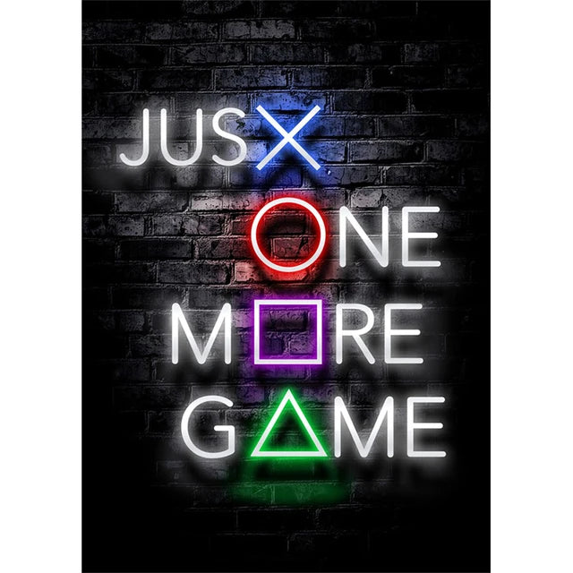 Arte de pared de juego neón con texto brillante que dice JUST X ONE MORE GAME sobre un fondo de ladrillo oscuro