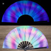 A folding fan with a gradient of purple and blue light, showing various colors when illuminated.