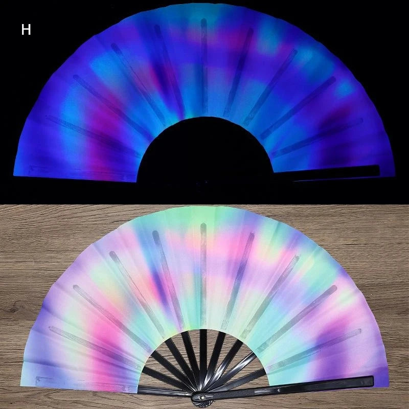 A folding fan with a gradient of purple and blue light, showing various colors when illuminated.