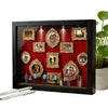 A black display case featuring multiple framed photos illuminated by LED lights, showcasing various figures.