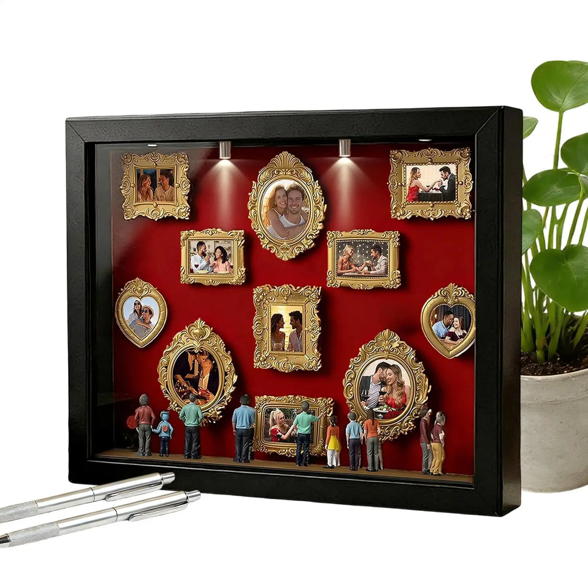 A black display case featuring multiple framed photos illuminated by LED lights, showcasing various figures.