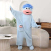 A light blue monster onesie pajama set for couples, featuring a fuzzy blue body and pink accents.