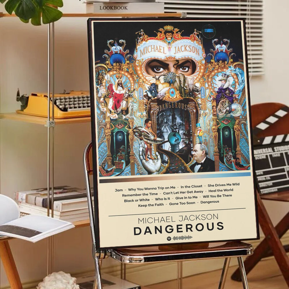 A poster featuring Michael Jackson's Dangerous album art with a stylized portrait and dark, ornate design.