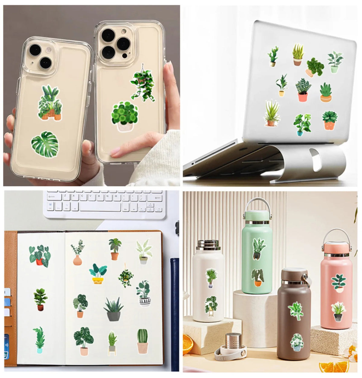 A collection of various plant-themed waterproof graffiti stickers and personalization options shown on a notebook and a water