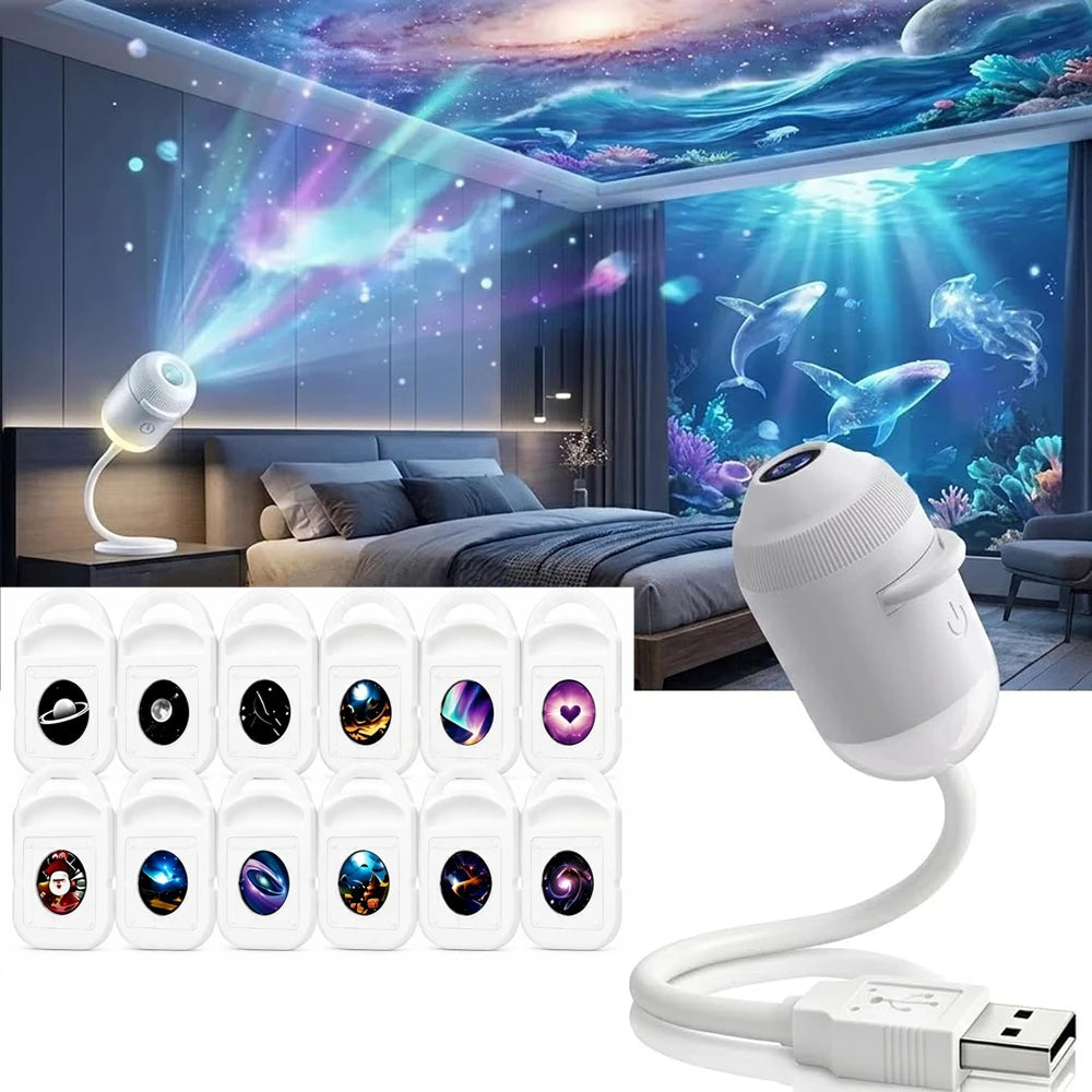 A white projector night light with a cord and adapter is shown next to a grid of galaxy-themed light patterns.