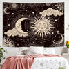 A dark tapestry wall hanging featuring a celestial design with crescent moons, suns, and clouds in gold and white tones.