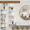 A modern white 5-tier vertical wall shelf installed freely up and down on a light gray wall.