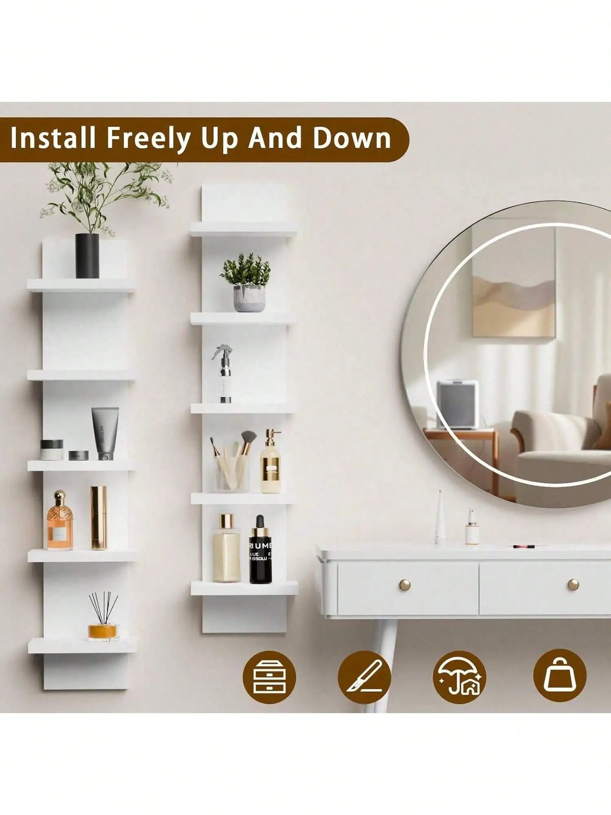 A modern white 5-tier vertical wall shelf installed freely up and down on a light gray wall.