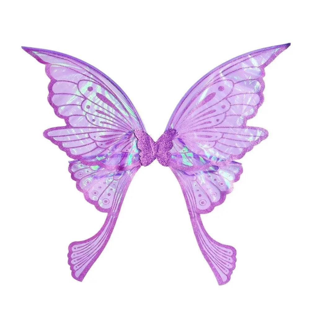 Sparkling fairy wings costume set featuring purple iridescent wings and a wand