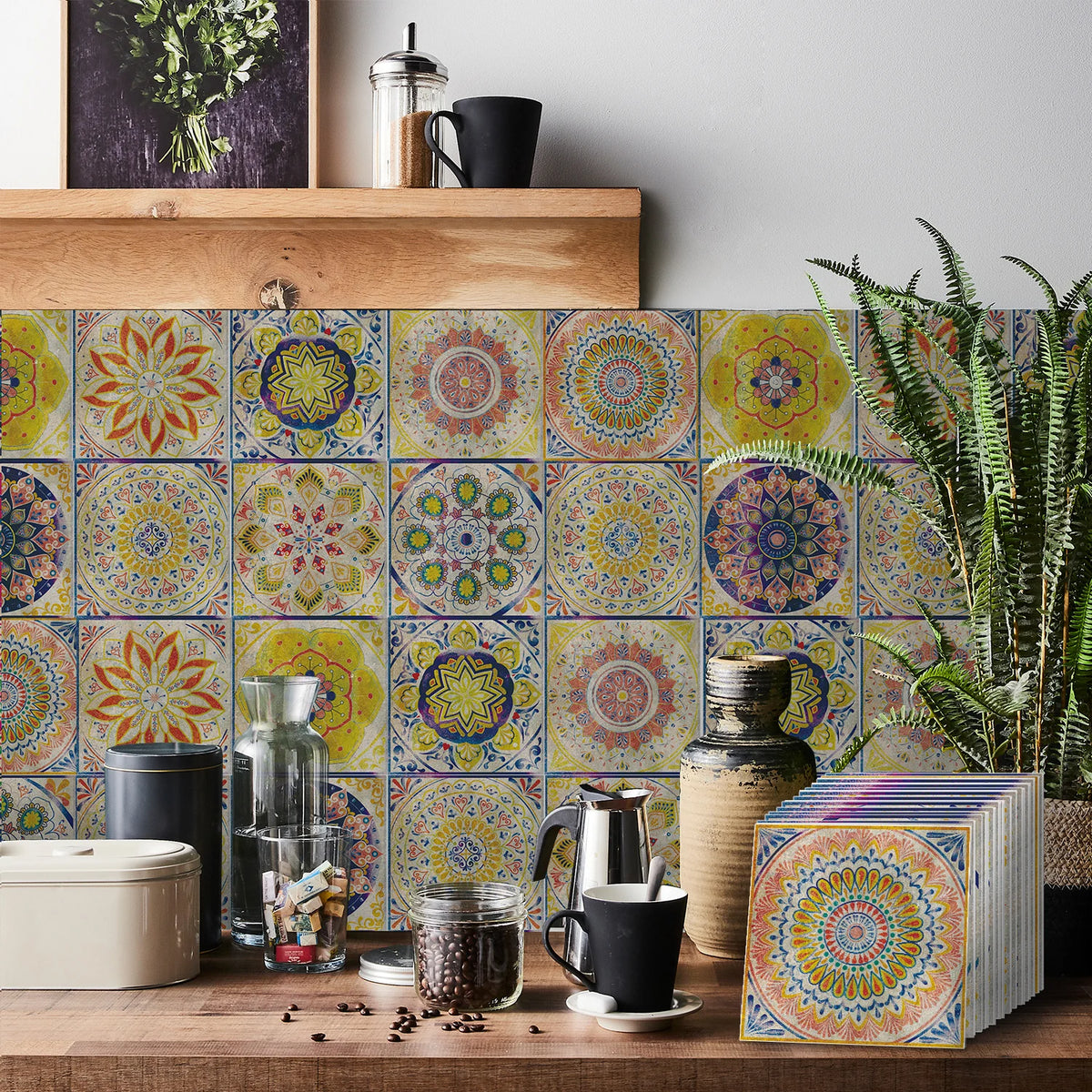 A close-up of colorful, patterned self-adhesive tile wall stickers displayed on a wooden surface.