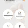 Infographic showing four characteristics of a self-adhesive silicone door stopper bumper: no punching required, strong self-a