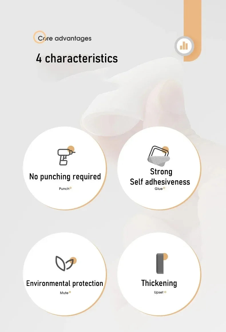 Infographic showing four characteristics of a self-adhesive silicone door stopper bumper: no punching required, strong self-a