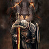 Canvas wall art depicting a fierce lion's head emerging from darkness, positioned above a warrior figure holding a sword and 
