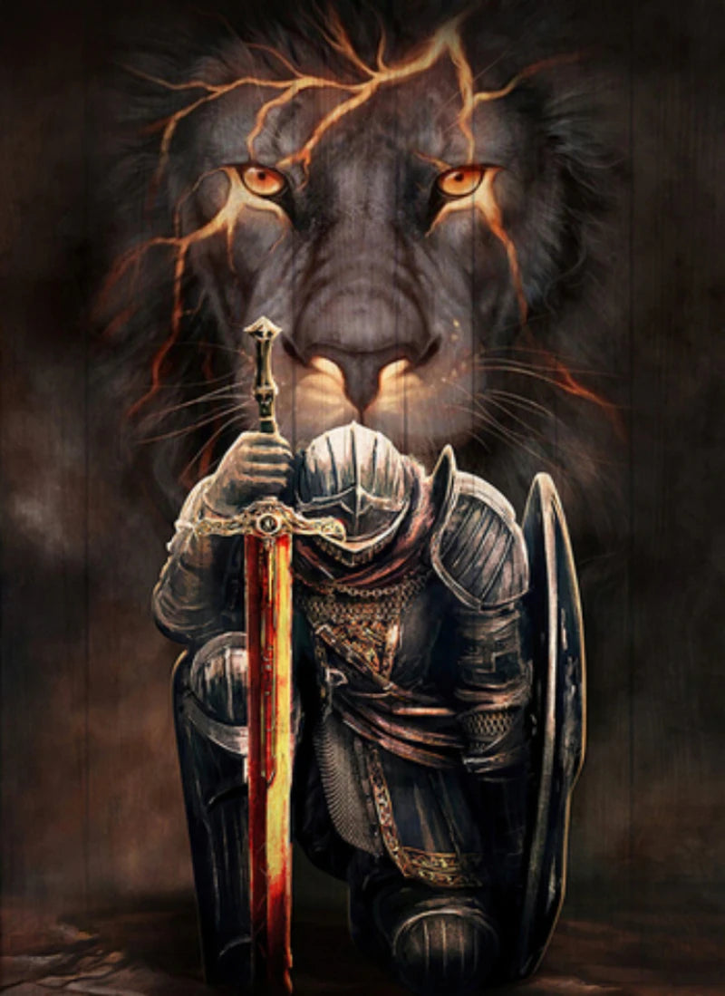 Canvas wall art depicting a fierce lion's head emerging from darkness, positioned above a warrior figure holding a sword and 