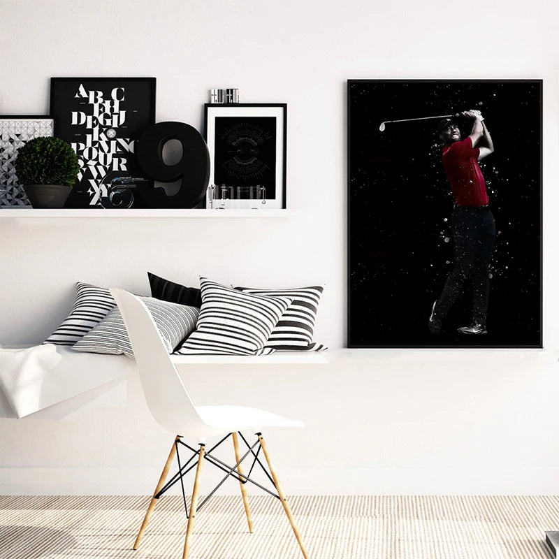 A framed canvas wall art featuring a portrait of Tiger Woods playing golf against a dark background.