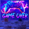 A vibrant purple and blue UV reactive game controller tapestry displayed on a wall.
