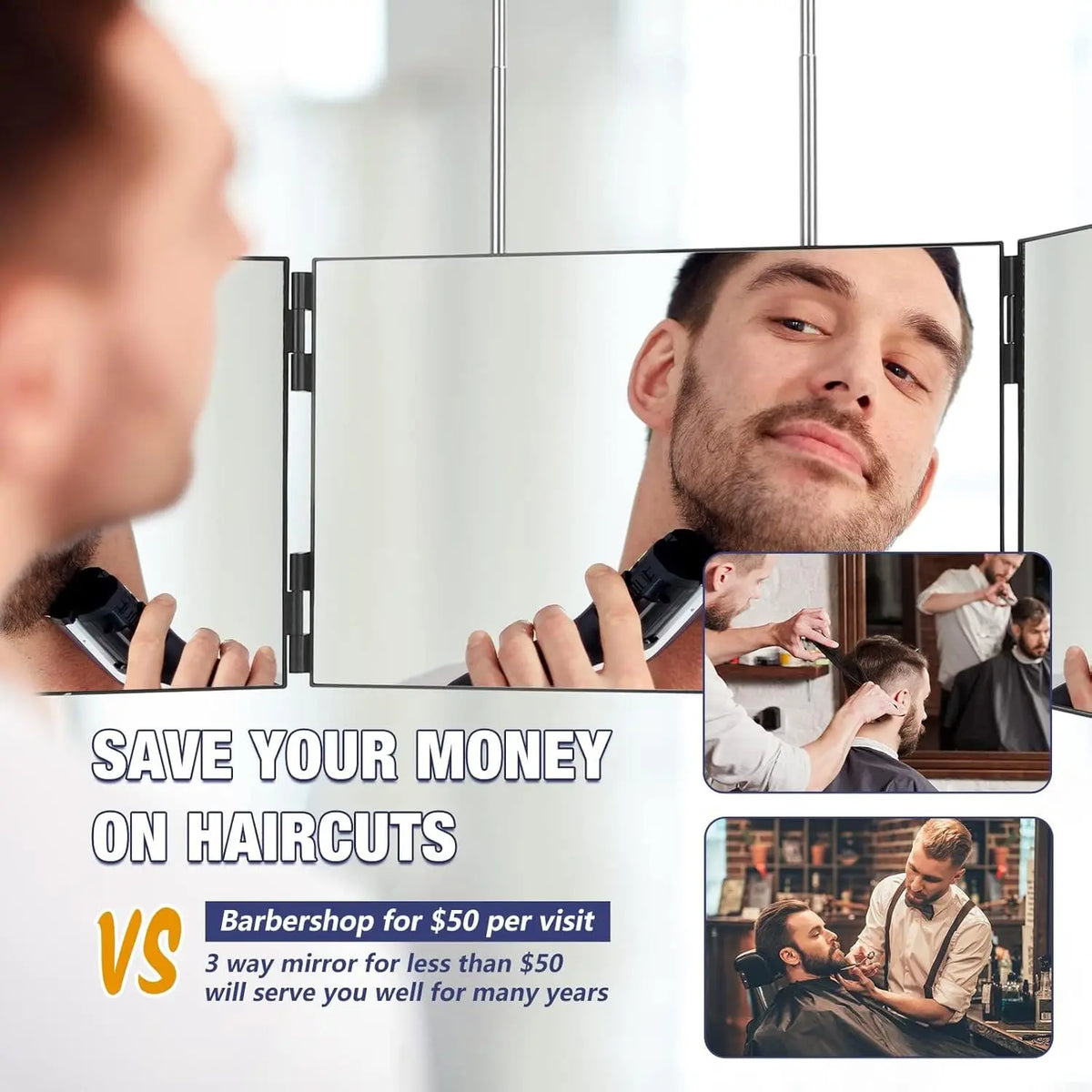 A comparison showing a portable trifold vanity mirror for haircuts versus a barbershop visit.