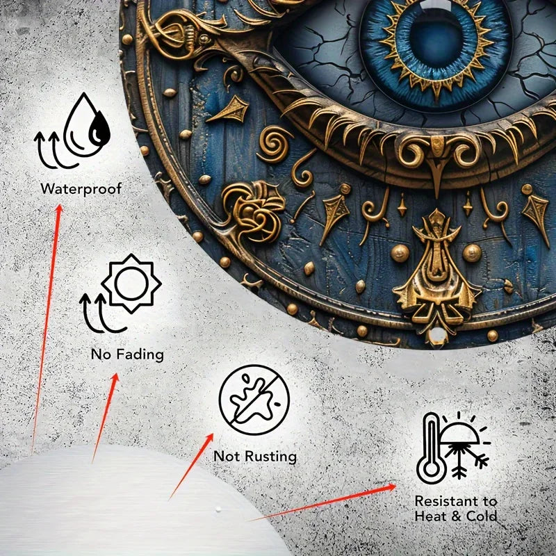 Ancient Egyptian all-seeing eye metal wall art decoration showing waterproof, non-fading, rust-resistant, and heat/cold resis