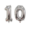 Silver foil number balloons shaped like the numbers 1 and 0 for birthday party decor