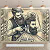 A black and white illustration of a bearded barber working on a client, suitable for a party backdrop.
