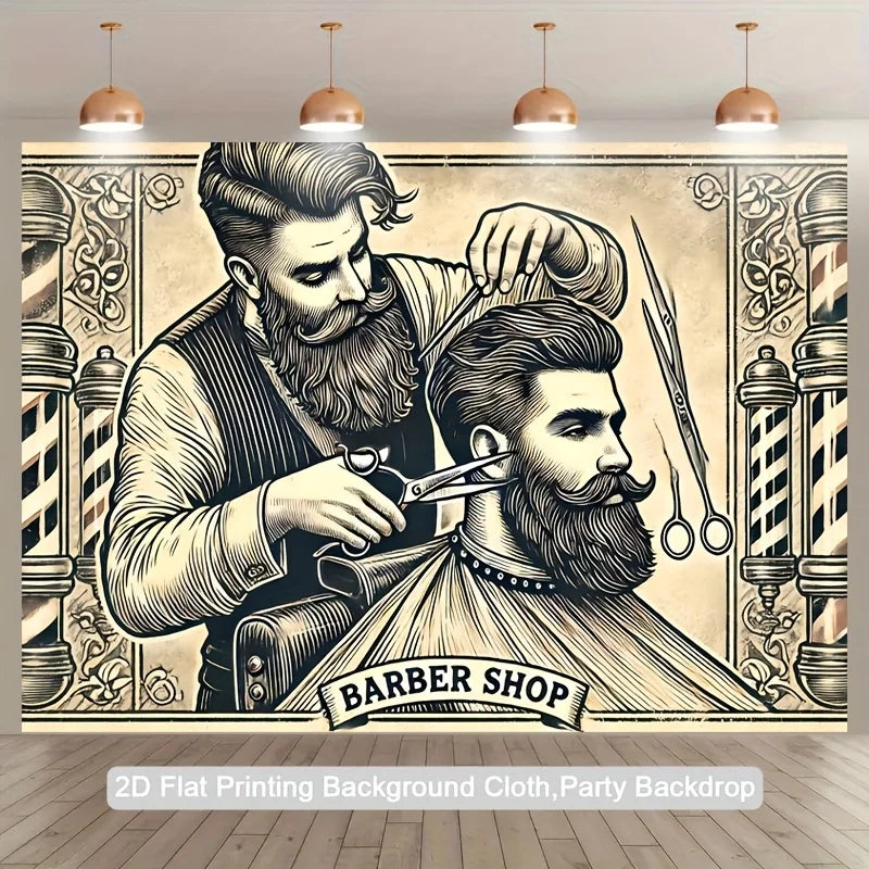A black and white illustration of a bearded barber working on a client, suitable for a party backdrop.