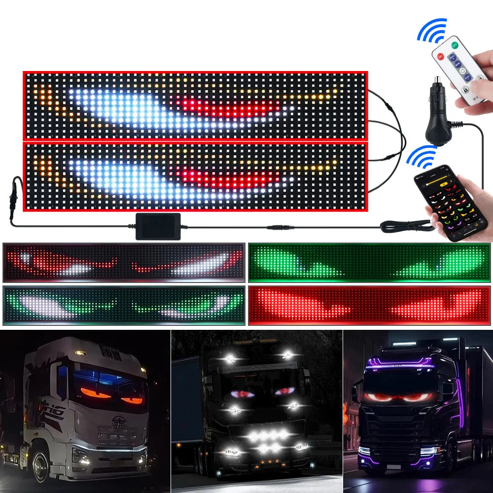 Flexible LED matrix display panel with app control showing various color patterns and vehicle lighting effects.