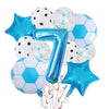 A collection of blue and white football-shaped helium foil balloons, including a large number seven balloon and star-shaped a