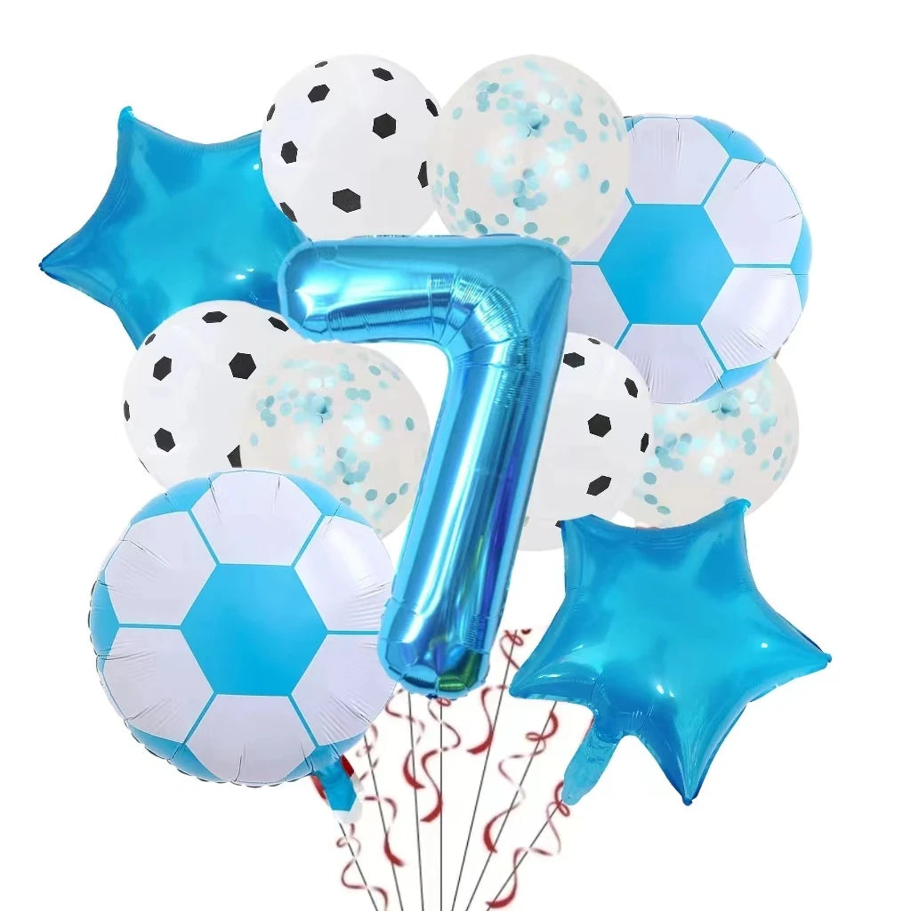 A collection of blue and white football-shaped helium foil balloons, including a large number seven balloon and star-shaped a