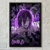 A dark anime poster featuring Makima from Chainsaw Man with purple glowing hair and dramatic lighting.