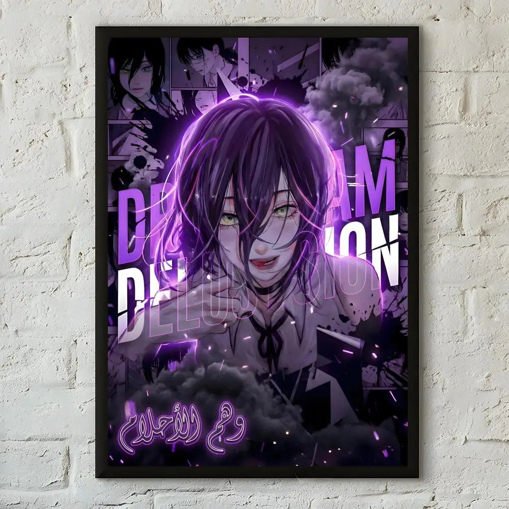A dark anime poster featuring Makima from Chainsaw Man with purple glowing hair and dramatic lighting.