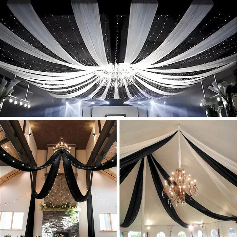 Elegant black sheer chiffon curtains draped across a venue for a wedding or event.