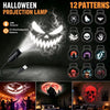 A Halloween projection lamp with 12 interchangeable patterns, including a skull and ghost face, illuminating a dark room.