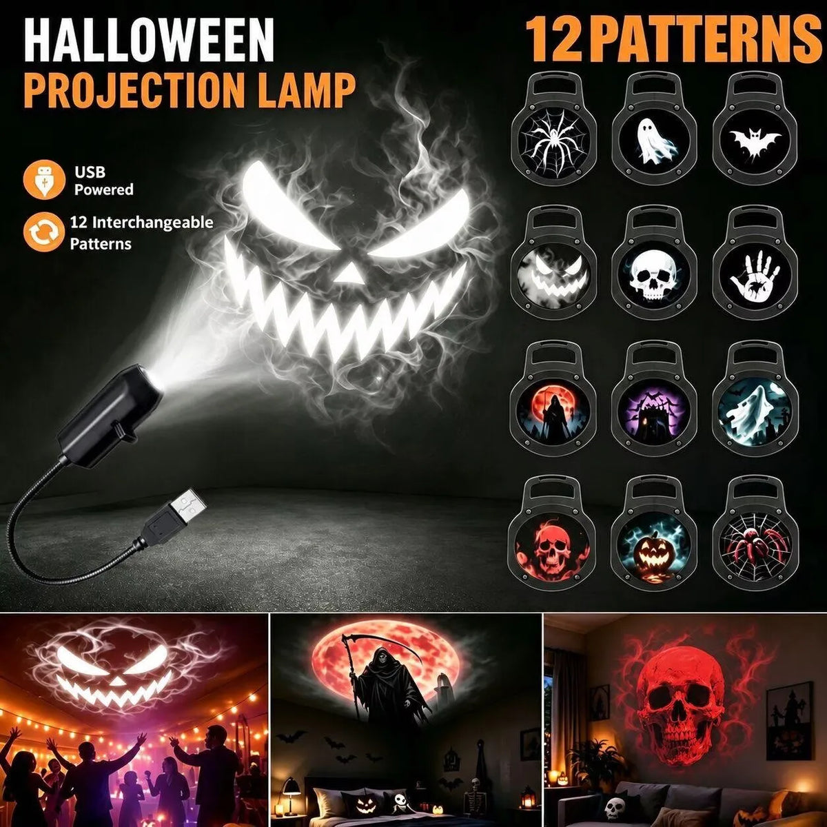 A Halloween projection lamp with 12 interchangeable patterns, including a skull and ghost face, illuminating a dark room.
