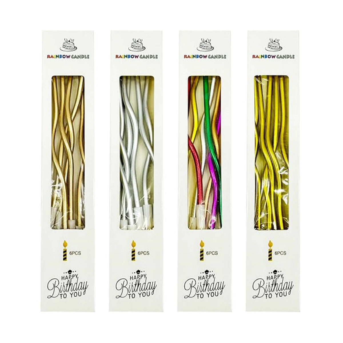 Pack of six curved metallic birthday cake candles in various colors and gold foil packaging.
