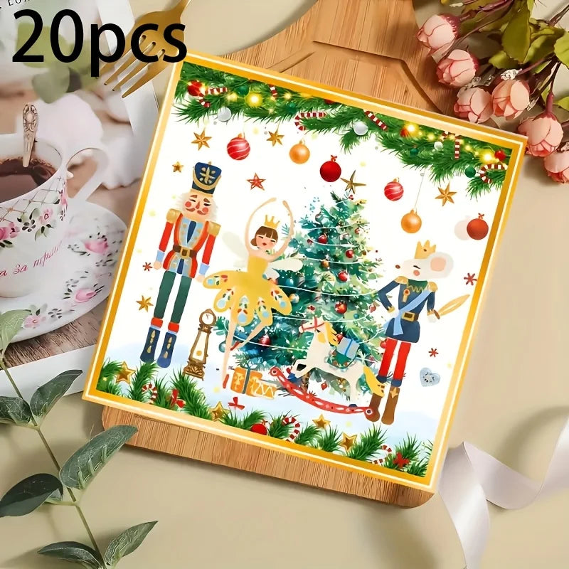 Christmas nutcracker watercolor paper napkins featuring festive holiday characters and greenery