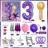 A set of decorative balloons including a purple number three, a gold balloon, and various star-shaped and purple balloons.