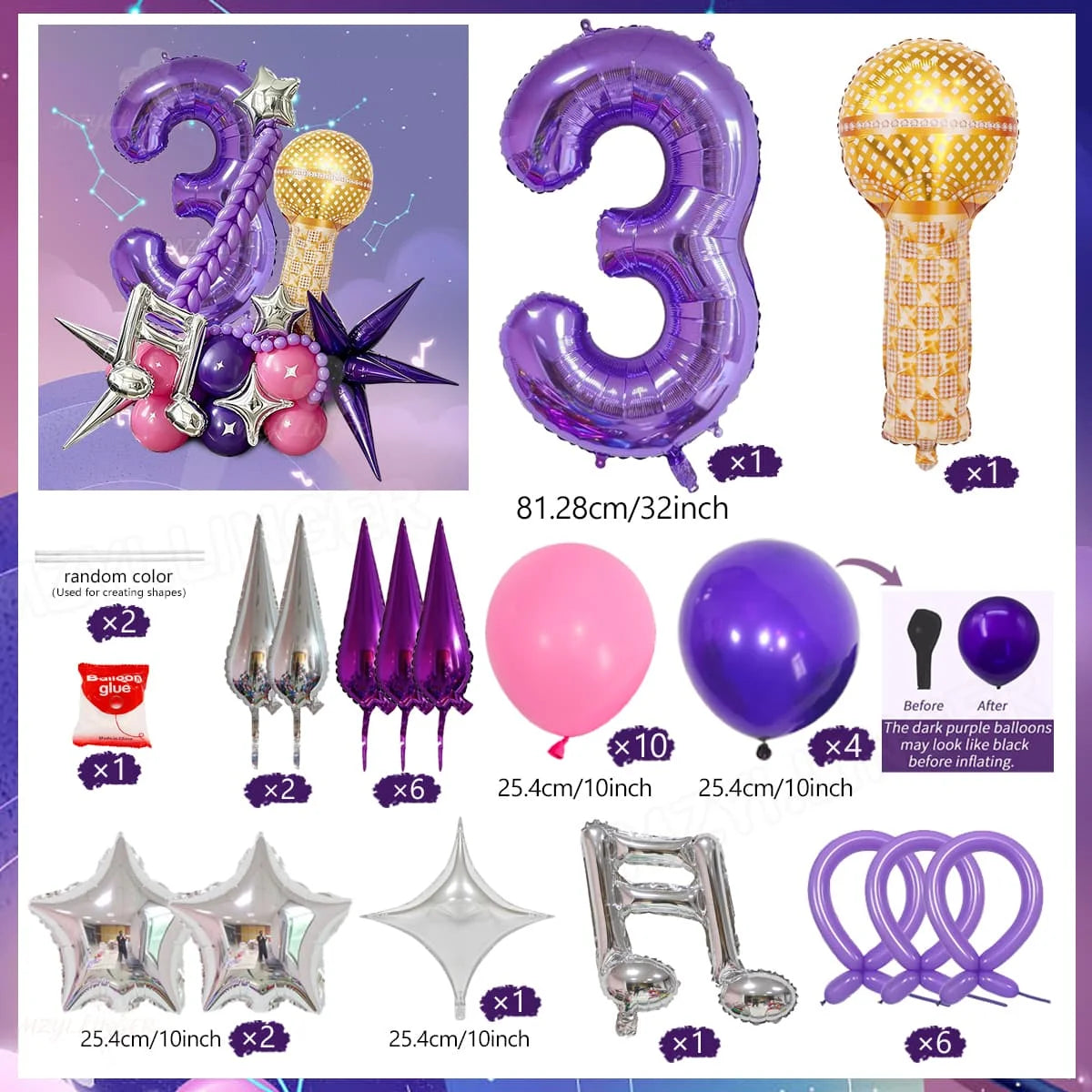 A set of decorative balloons including a purple number three, a gold balloon, and various star-shaped and purple balloons.