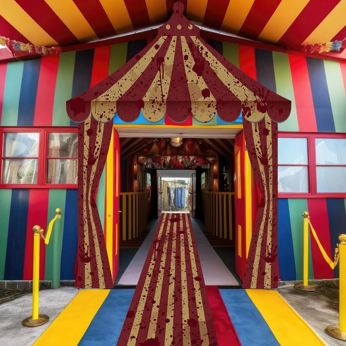 A colorful door arch banner decorated with a circus theme featuring red and gold accents.